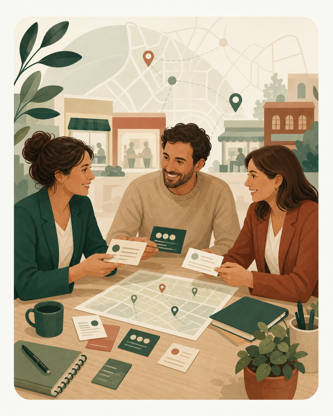 Tres professionals de centres educatius compartint targetes i un mapa de Badalona en una taula de treball